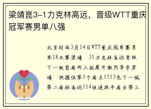 梁靖崑3-1力克林高远,晋级WTT重庆冠军赛男单八强
