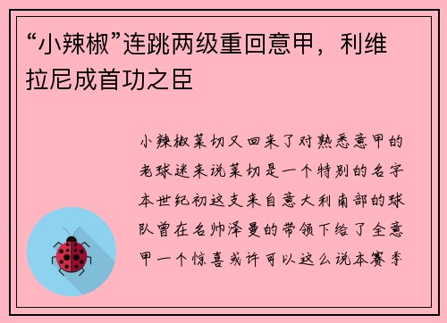 “小辣椒”连跳两级重回意甲,利维拉尼成首功之臣