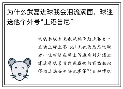 为什么武磊进球我会泪流满面,球迷送他个外号“上港鲁尼”